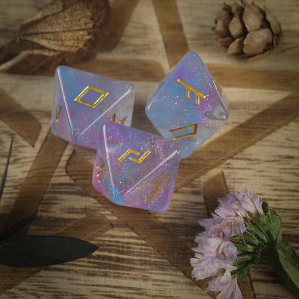 Resin Rune Dice Divination Tool – Set of 3 in Purple and Blue