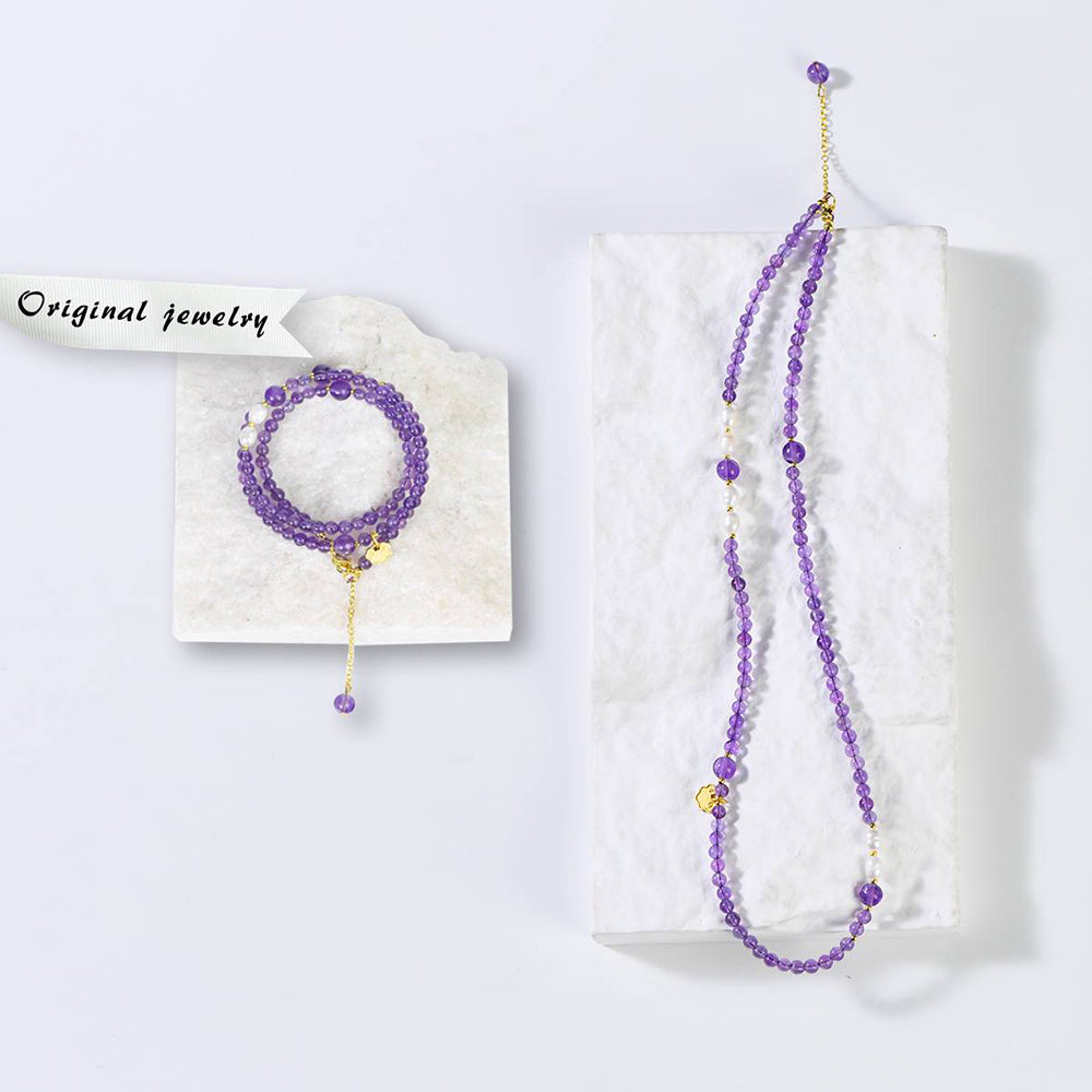 Amethyst Pearl Energy Necklace and Bracelet Duo