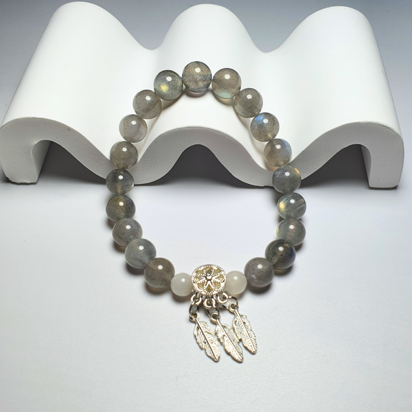 Radiant Multi-Color Gray Moonstone and Dreamcatcher Pendant Bracelet