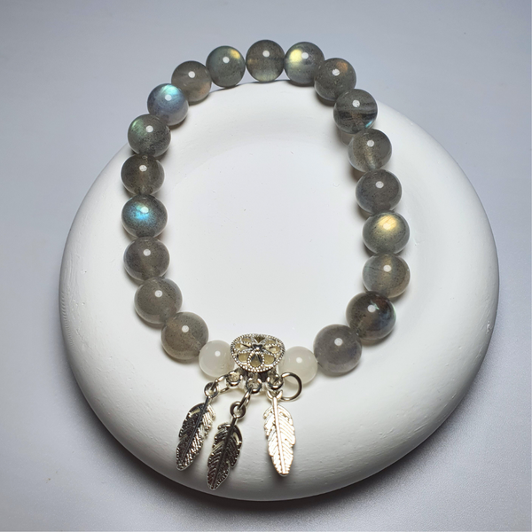 Radiant Multi-Color Gray Moonstone and Dreamcatcher Pendant Bracelet
