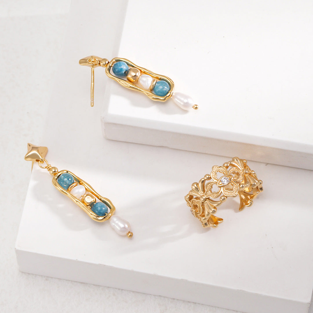 Vintage Amazonite Pearl Earrings-Gold Plated 925 Sterling Silver