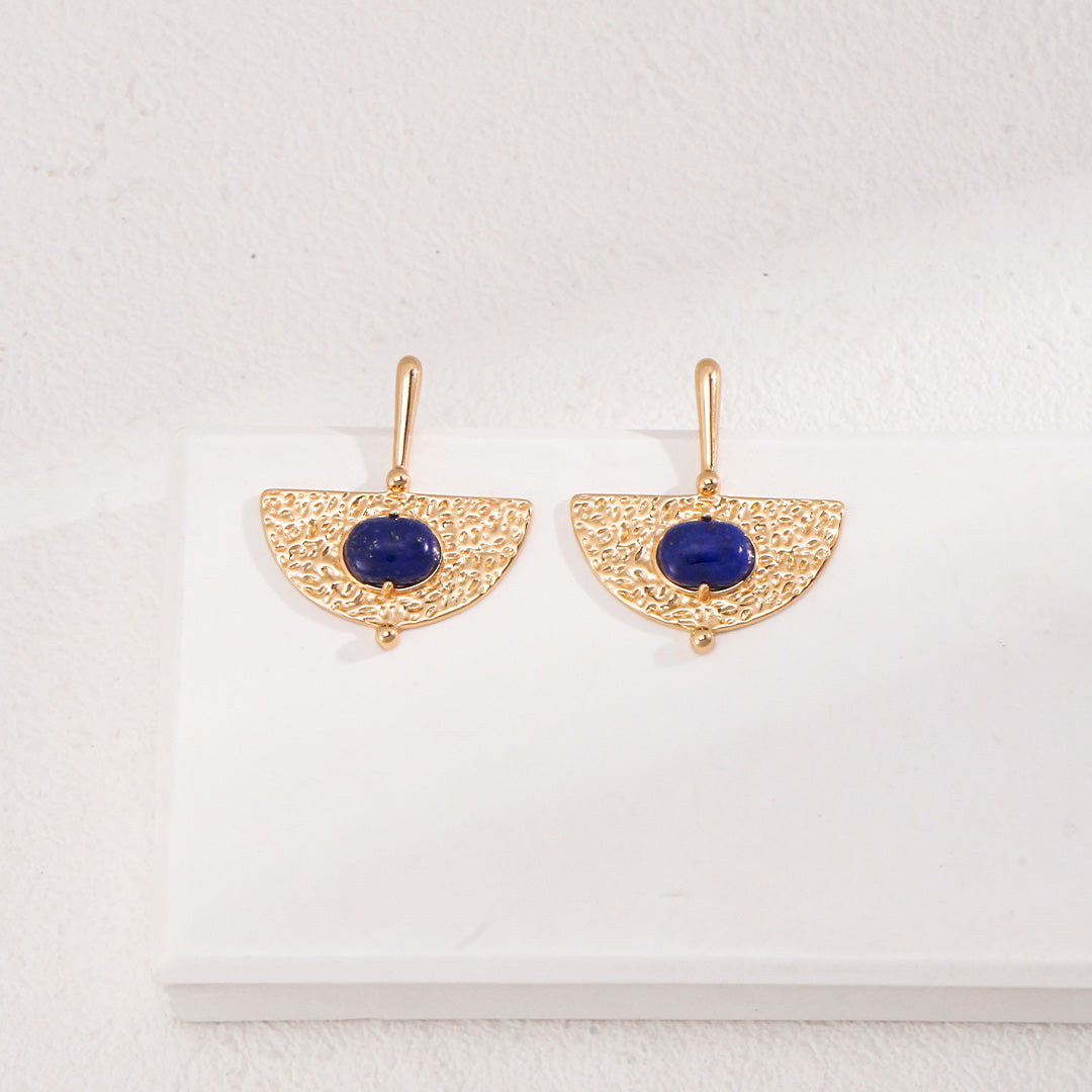 Vintage Fan Lapis Lazuli Earrings-Gold Plated 925 Sterling Silver