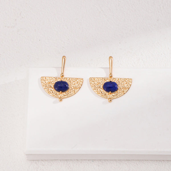 Vintage Fan Lapis Lazuli Earrings-Gold Plated 925 Sterling Silver