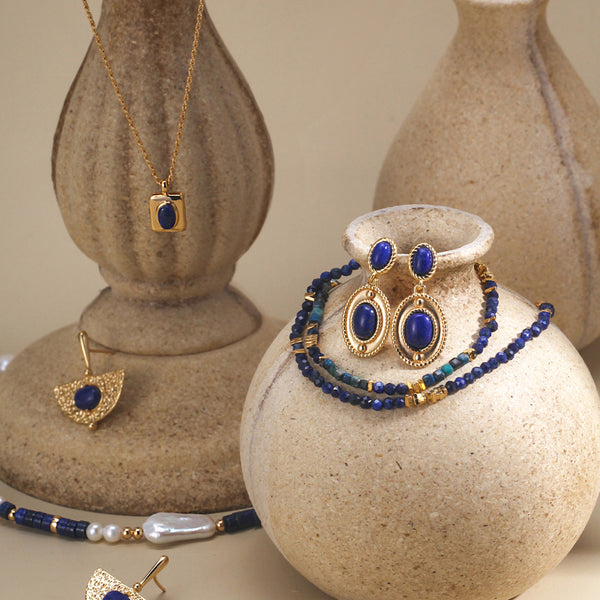 Vintage Fan Lapis Lazuli Earrings-Gold Plated 925 Sterling Silver