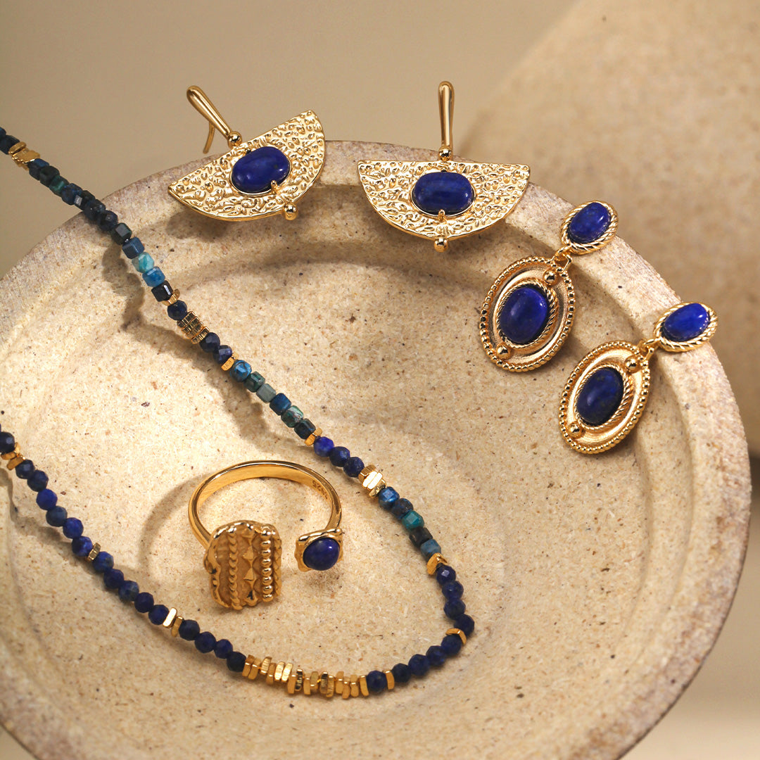 Vintage Fan Lapis Lazuli Earrings-Gold Plated 925 Sterling Silver