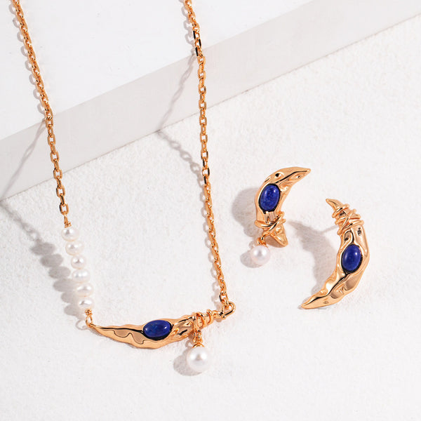 Vintage Moon Lapis Lazuli Necklace/Earrings-Gold Plated 925 Sterling Silver