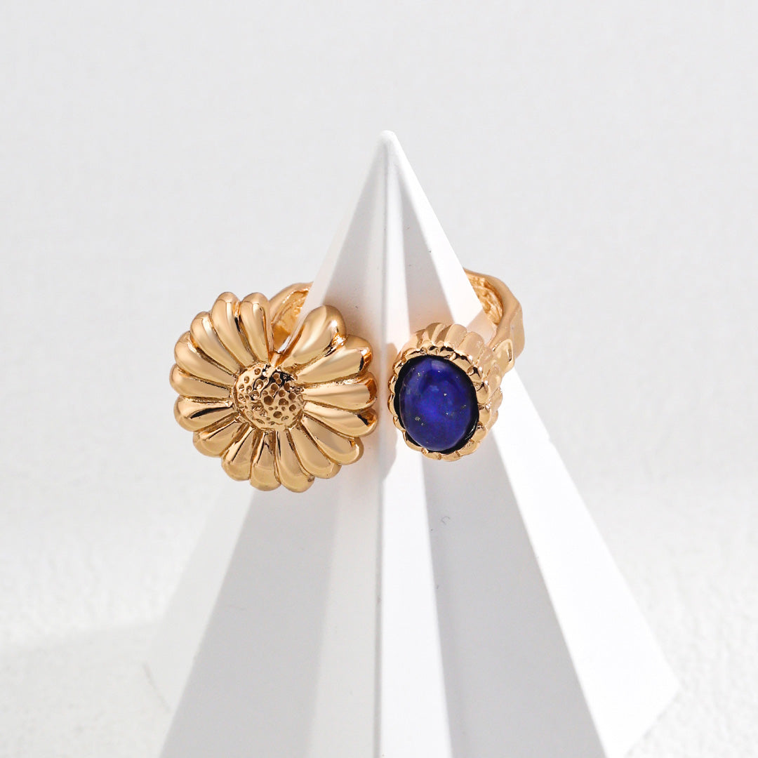 Vintage Sunflower Lapis Lazuli Ring-Gold Plated 925 Sterling Silver
