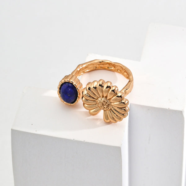 Vintage Sunflower Lapis Lazuli Ring-Gold Plated 925 Sterling Silver