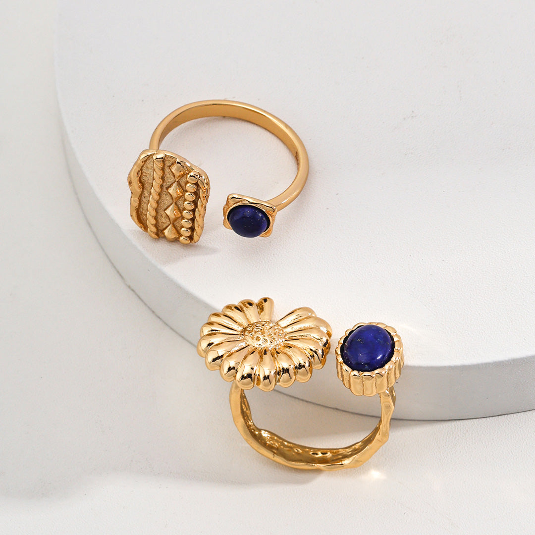 Vintage Sunflower Lapis Lazuli Ring-Gold Plated 925 Sterling Silver