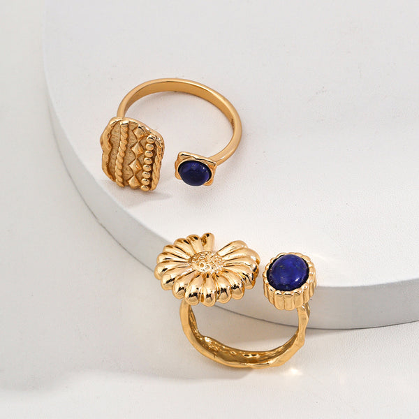 Vintage Sunflower Lapis Lazuli Ring-Gold Plated 925 Sterling Silver