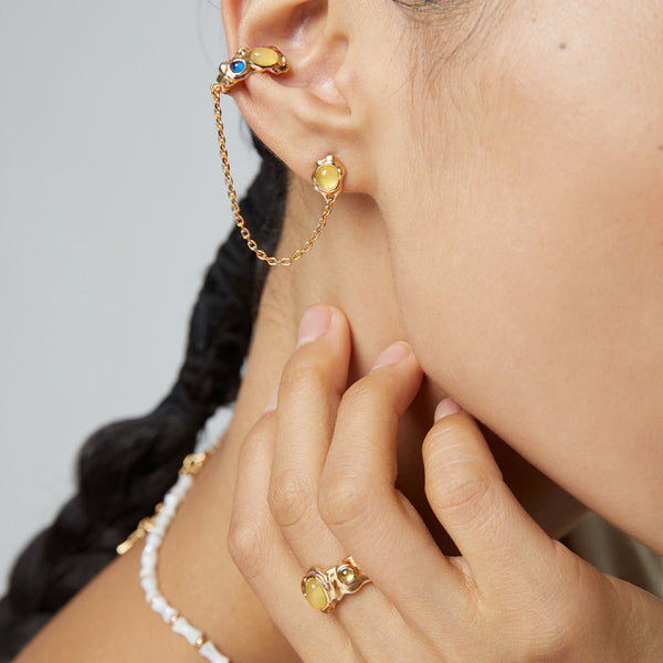 Vintage asymmetrical jade earrings/ring-Gold Plated 925 Sterling Silver