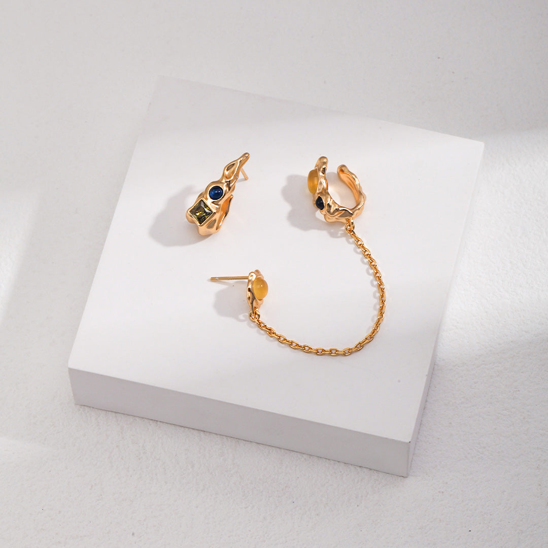 Vintage asymmetrical jade earrings/ring-Gold Plated 925 Sterling Silver