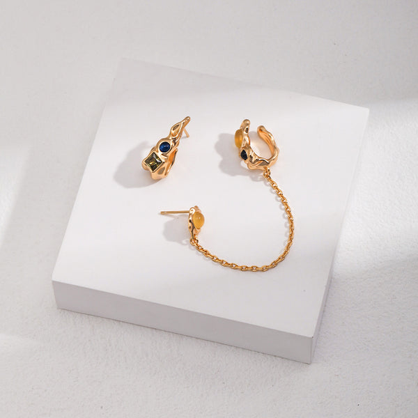 Vintage asymmetrical jade earrings/ring-Gold Plated 925 Sterling Silver