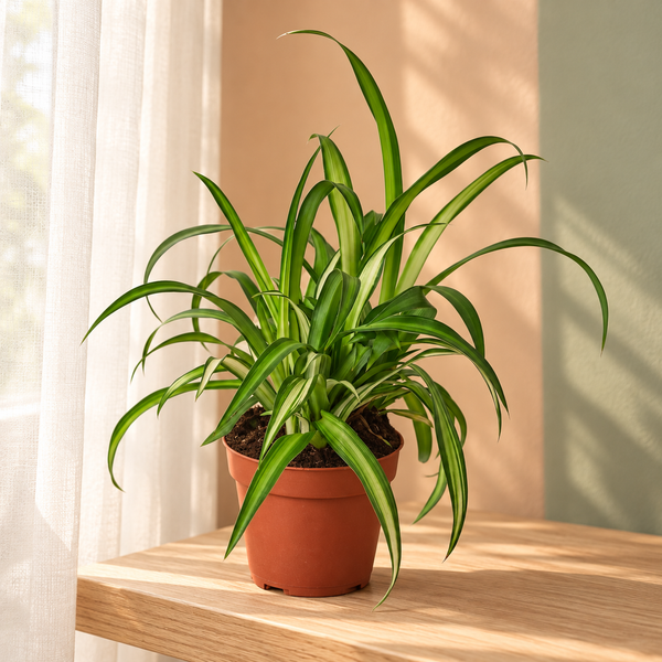 Four-inch Hawaiian Spider Plant beside a softly lit window — representative generated image