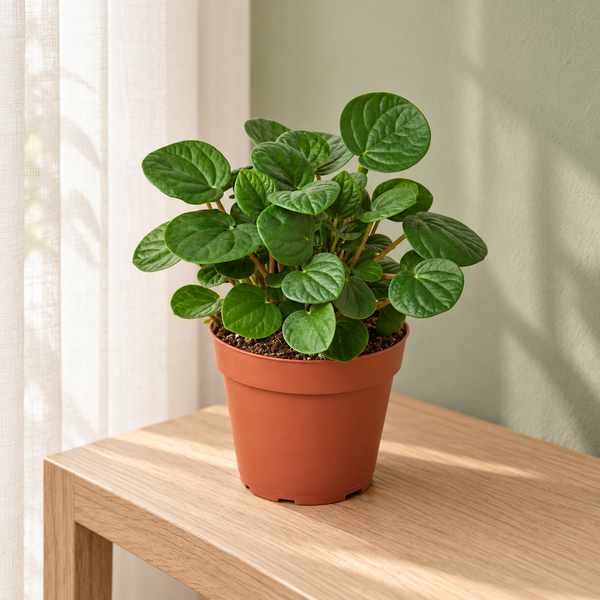 Four-inch Rana Verde Peperomia beside a softly lit window — representative generated image