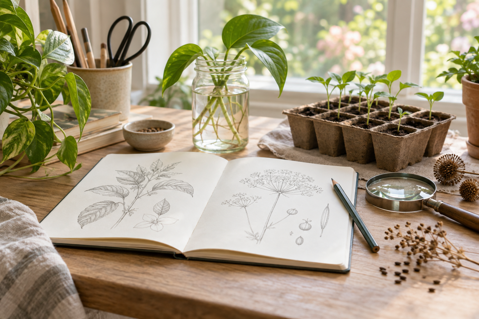 Plant cuttings, seedlings and a botanical notebook on a sunny work table